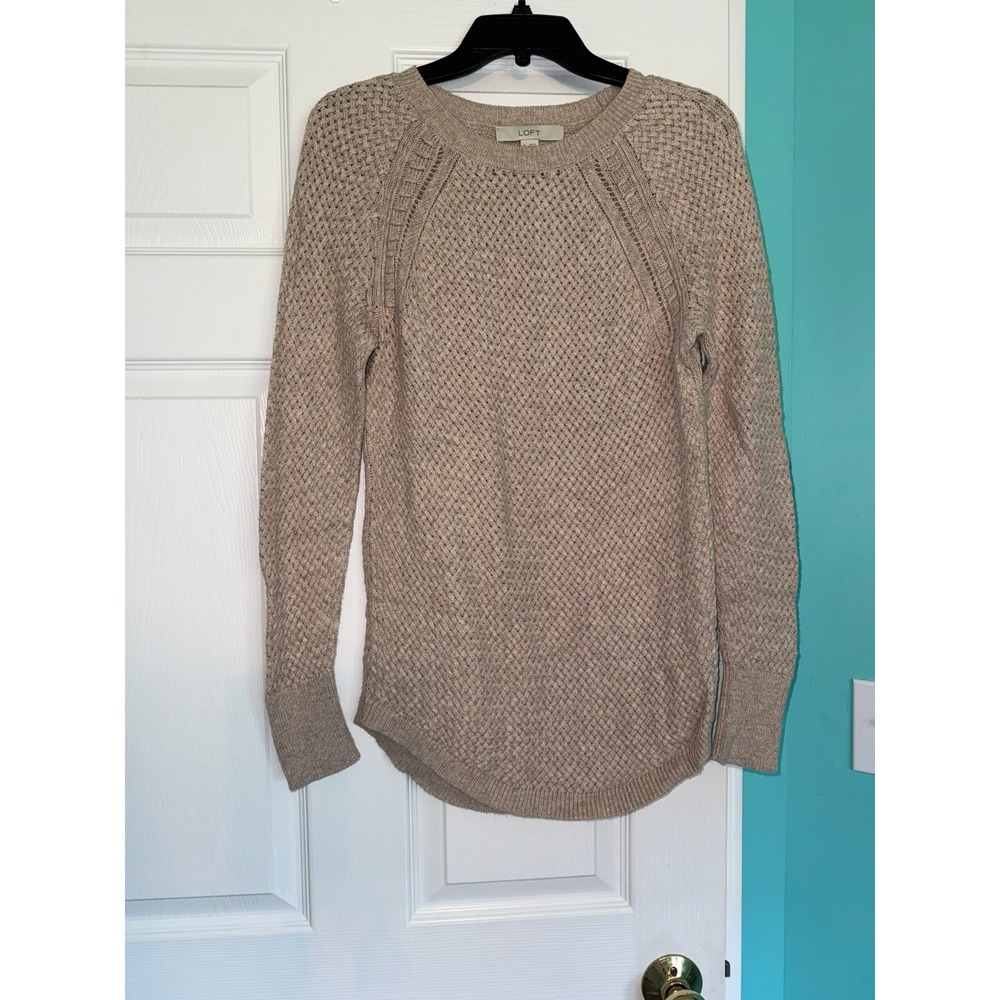 LOFT Tan Beige Basketweave Knit Raglan Sleeve Crewneck Sweater Womens Medium